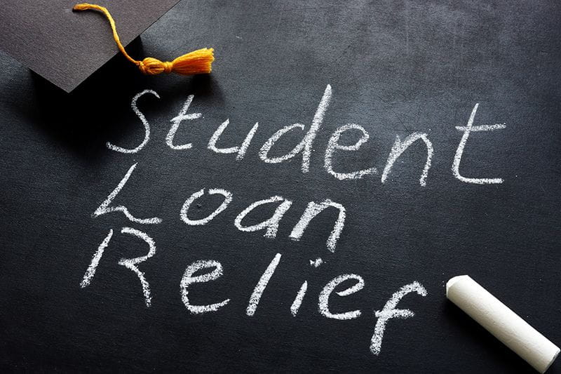 Chalkboard that says "Student Loan Relief"