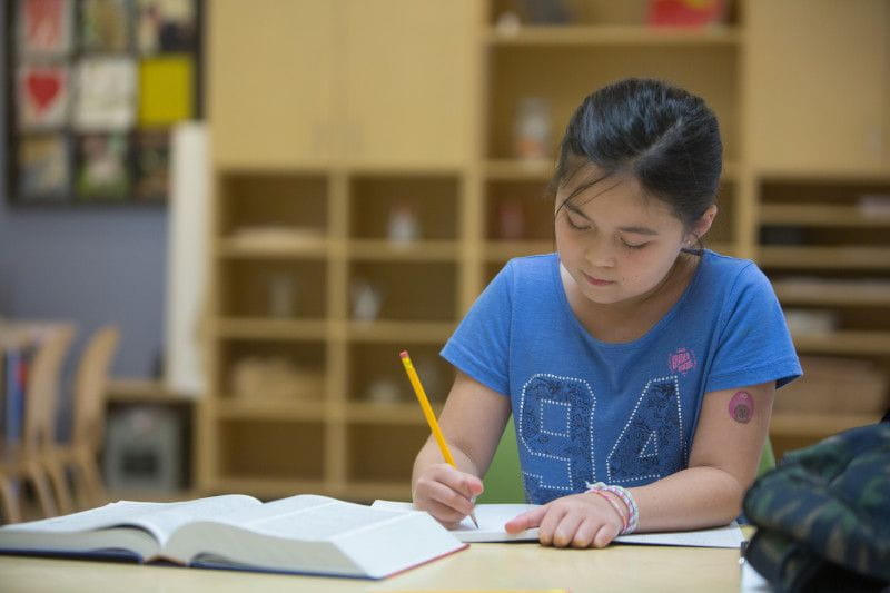 Grade-schooler working on school work