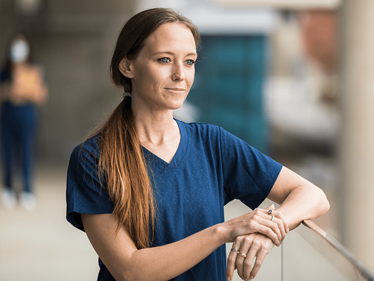 thoughtful female in office lobby